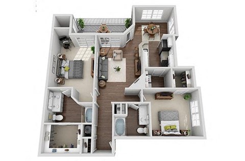 Floor plan for 2 beds, 2 baths, 1369 sqft